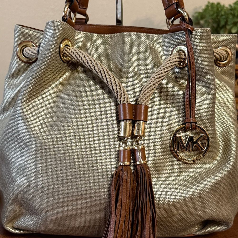 Michael Michael Kors Marina Large Metallic Canvas Tote in Gold and Brown - Picture 2 of 14